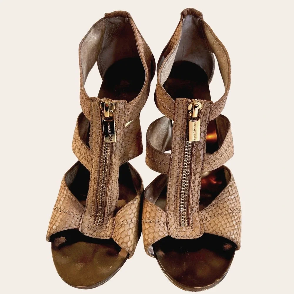 Michael Kors Snakeskin Embossed Leather Cage Sandals Tan Gold Zip Heels Size 8